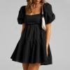 imageShy Velvet Womens Casual Party Mini Summer Dresses Square Neck Short Bubble Sleeve Babydoll DressBlack