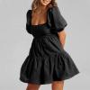 imageShy Velvet Womens Casual Party Mini Summer Dresses Square Neck Short Bubble Sleeve Babydoll DressBlack