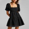 imageShy Velvet Womens Casual Party Mini Summer Dresses Square Neck Short Bubble Sleeve Babydoll DressBlack