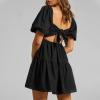 imageShy Velvet Womens Casual Party Mini Summer Dresses Square Neck Short Bubble Sleeve Babydoll DressBlack