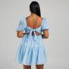 imageShy Velvet Womens Casual Party Mini Summer Dresses Square Neck Short Bubble Sleeve Babydoll DressBlue