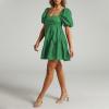 imageShy Velvet Womens Casual Party Mini Summer Dresses Square Neck Short Bubble Sleeve Babydoll DressDark Green