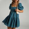 imageShy Velvet Womens Casual Party Mini Summer Dresses Square Neck Short Bubble Sleeve Babydoll DressGey Blue