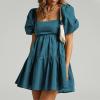 imageShy Velvet Womens Casual Party Mini Summer Dresses Square Neck Short Bubble Sleeve Babydoll DressGey Blue