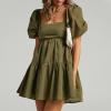 imageShy Velvet Womens Casual Party Mini Summer Dresses Square Neck Short Bubble Sleeve Babydoll DressGreen