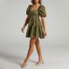 imageShy Velvet Womens Casual Party Mini Summer Dresses Square Neck Short Bubble Sleeve Babydoll DressGreen