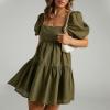 imageShy Velvet Womens Casual Party Mini Summer Dresses Square Neck Short Bubble Sleeve Babydoll DressGreen