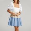 imageShy Velvet Womens Casual Party Mini Summer Dresses Square Neck Short Bubble Sleeve Babydoll DressKhaki Blue