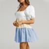 imageShy Velvet Womens Casual Party Mini Summer Dresses Square Neck Short Bubble Sleeve Babydoll DressKhaki Blue