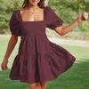 imageShy Velvet Womens Casual Party Mini Summer Dresses Square Neck Short Bubble Sleeve Babydoll DressMaroon