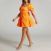 imageShy Velvet Womens Casual Party Mini Summer Dresses Square Neck Short Bubble Sleeve Babydoll DressOrange