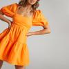 imageShy Velvet Womens Casual Party Mini Summer Dresses Square Neck Short Bubble Sleeve Babydoll DressOrange