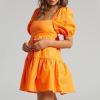 imageShy Velvet Womens Casual Party Mini Summer Dresses Square Neck Short Bubble Sleeve Babydoll DressOrange