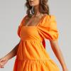 imageShy Velvet Womens Casual Party Mini Summer Dresses Square Neck Short Bubble Sleeve Babydoll DressOrange