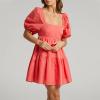 imageShy Velvet Womens Casual Party Mini Summer Dresses Square Neck Short Bubble Sleeve Babydoll DressRed
