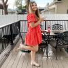imageShy Velvet Womens Casual Party Mini Summer Dresses Square Neck Short Bubble Sleeve Babydoll DressRed