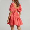 imageShy Velvet Womens Casual Party Mini Summer Dresses Square Neck Short Bubble Sleeve Babydoll DressRed