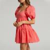imageShy Velvet Womens Casual Party Mini Summer Dresses Square Neck Short Bubble Sleeve Babydoll DressRed