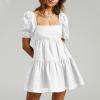 imageShy Velvet Womens Casual Party Mini Summer Dresses Square Neck Short Bubble Sleeve Babydoll DressWhite