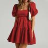 imageShy Velvet Womens Casual Party Mini Summer Dresses Square Neck Short Bubble Sleeve Babydoll DressWine Red