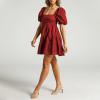 imageShy Velvet Womens Casual Party Mini Summer Dresses Square Neck Short Bubble Sleeve Babydoll DressWine Red