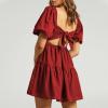 imageShy Velvet Womens Casual Party Mini Summer Dresses Square Neck Short Bubble Sleeve Babydoll DressWine Red