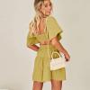 imageShy Velvet Womens Summer Dress Square Neck Short Sleeves Crossover Waist Casual Party Mini DressApricot Yellow