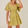 imageShy Velvet Womens Summer Dress Square Neck Short Sleeves Crossover Waist Casual Party Mini DressApricot Yellow