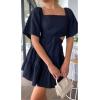 imageShy Velvet Womens Summer Dress Square Neck Short Sleeves Crossover Waist Casual Party Mini DressBlack
