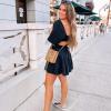 imageShy Velvet Womens Summer Dress Square Neck Short Sleeves Crossover Waist Casual Party Mini DressBlack