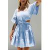 imageShy Velvet Womens Summer Dress Square Neck Short Sleeves Crossover Waist Casual Party Mini DressBlue