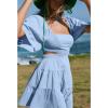 imageShy Velvet Womens Summer Dress Square Neck Short Sleeves Crossover Waist Casual Party Mini DressBlue