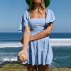 imageShy Velvet Womens Summer Dress Square Neck Short Sleeves Crossover Waist Casual Party Mini DressBlue