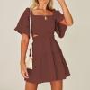 imageShy Velvet Womens Summer Dress Square Neck Short Sleeves Crossover Waist Casual Party Mini DressBrown