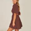 imageShy Velvet Womens Summer Dress Square Neck Short Sleeves Crossover Waist Casual Party Mini DressBrown