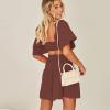 imageShy Velvet Womens Summer Dress Square Neck Short Sleeves Crossover Waist Casual Party Mini DressBrown