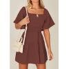 imageShy Velvet Womens Summer Dress Square Neck Short Sleeves Crossover Waist Casual Party Mini DressBrown