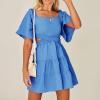imageShy Velvet Womens Summer Dress Square Neck Short Sleeves Crossover Waist Casual Party Mini DressDark Blue