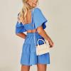 imageShy Velvet Womens Summer Dress Square Neck Short Sleeves Crossover Waist Casual Party Mini DressDark Blue