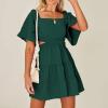 imageShy Velvet Womens Summer Dress Square Neck Short Sleeves Crossover Waist Casual Party Mini DressDark Green