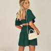 imageShy Velvet Womens Summer Dress Square Neck Short Sleeves Crossover Waist Casual Party Mini DressDark Green