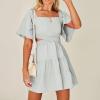 imageShy Velvet Womens Summer Dress Square Neck Short Sleeves Crossover Waist Casual Party Mini DressGray