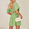 imageShy Velvet Womens Summer Dress Square Neck Short Sleeves Crossover Waist Casual Party Mini DressGreen
