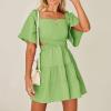 imageShy Velvet Womens Summer Dress Square Neck Short Sleeves Crossover Waist Casual Party Mini DressGreen