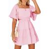 imageShy Velvet Womens Summer Dress Square Neck Short Sleeves Crossover Waist Casual Party Mini DressLight Pink