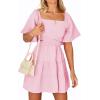 imageShy Velvet Womens Summer Dress Square Neck Short Sleeves Crossover Waist Casual Party Mini DressLight Pink