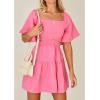 imageShy Velvet Womens Summer Dress Square Neck Short Sleeves Crossover Waist Casual Party Mini DressPink