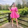 imageShy Velvet Womens Summer Dress Square Neck Short Sleeves Crossover Waist Casual Party Mini DressPink