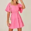 imageShy Velvet Womens Summer Dress Square Neck Short Sleeves Crossover Waist Casual Party Mini DressPink