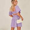 imageShy Velvet Womens Summer Dress Square Neck Short Sleeves Crossover Waist Casual Party Mini DressPurple